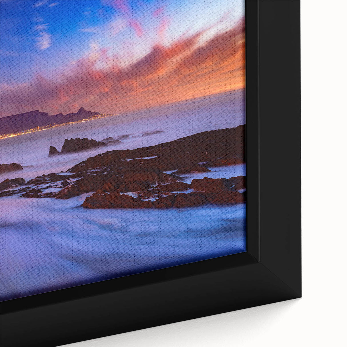 Extra large framed canvas featuring a textured depiction of a South African landscape in black with colorful accents.