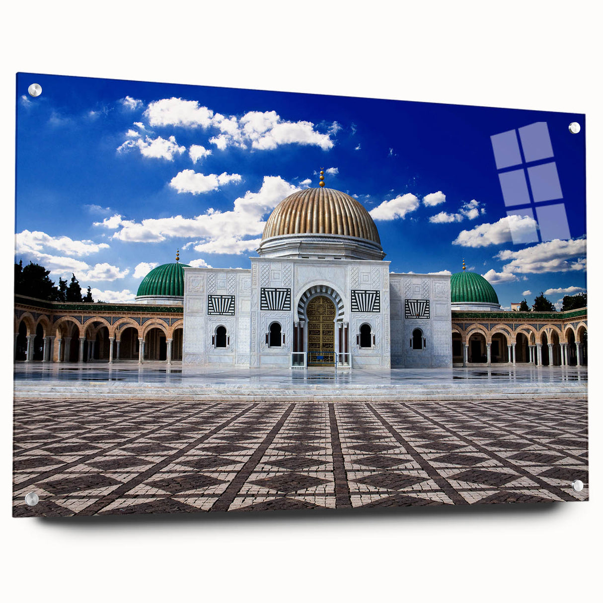 Large abstract wall art of a Tunisian scenery in muted earth tones on acrylic glass.