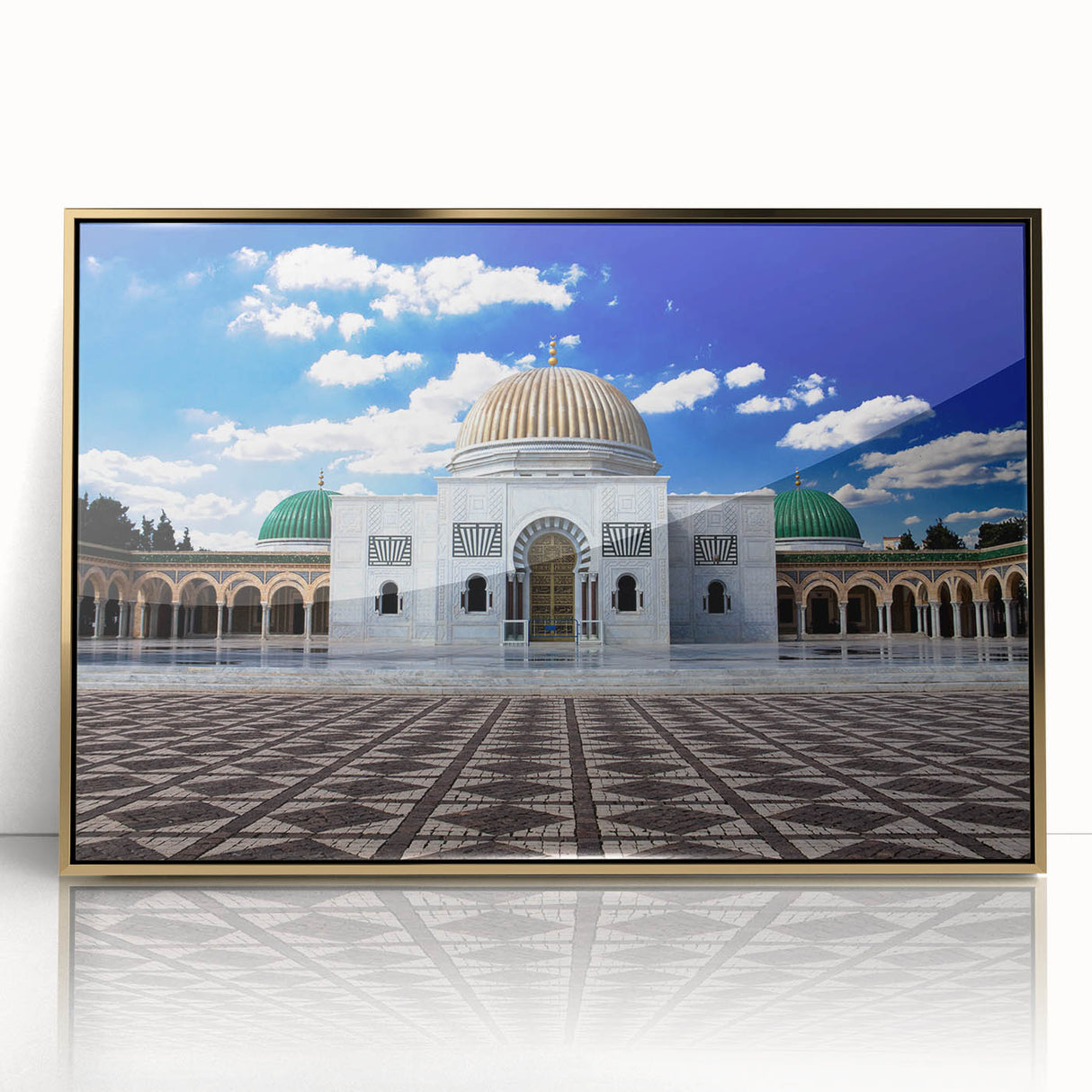 Large art print of a Tunisian landscape in mid-century modernist style, featuring earth tones on framed acrylic.