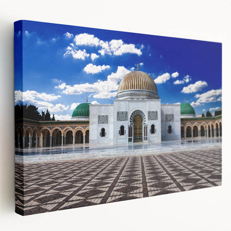 Side view of a stretched canvas depicting a Tunisian landscape in earthy tones, suitable for kitchen wall art.