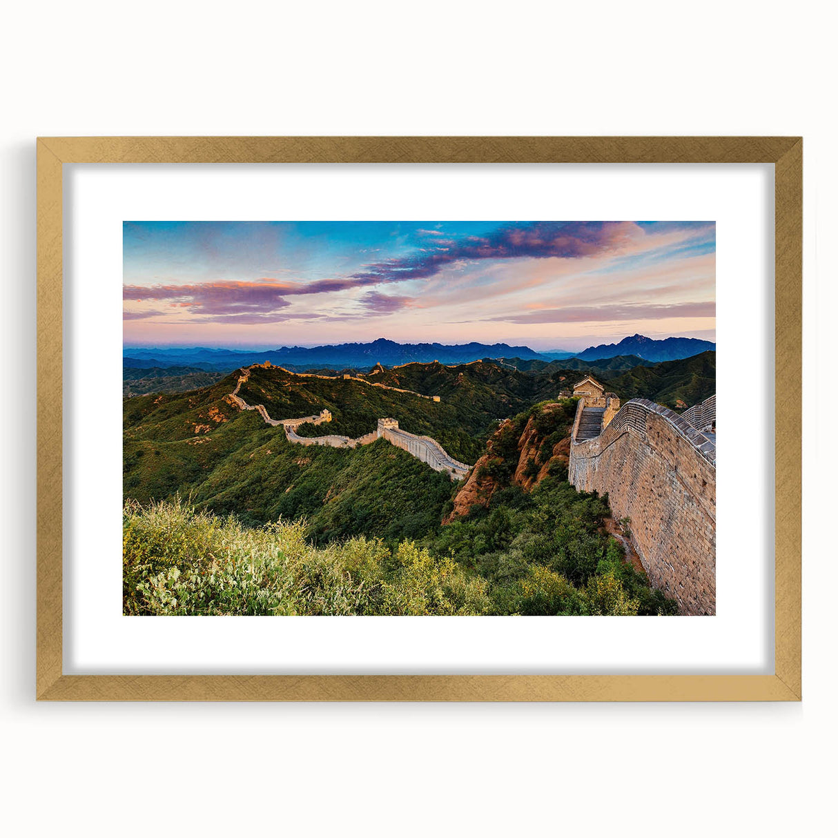 Extra large framed wall art depicting an abstract rendition of the Great Wall of China in textured gold and earth tones.