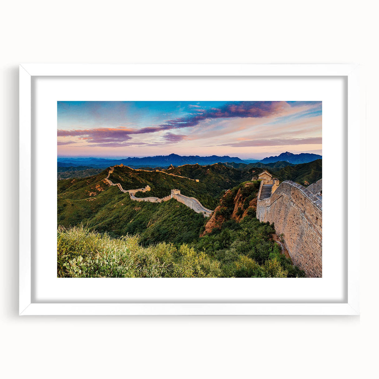 Abstract art print of the Great Wall of China in muted earth tones on a framed white canvas, suitable for dining room decor.