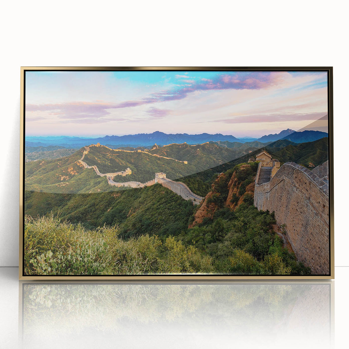 Acrylic print of the Great Wall of China in muted earth tones, framed in gold, suitable for modern art wall decor.