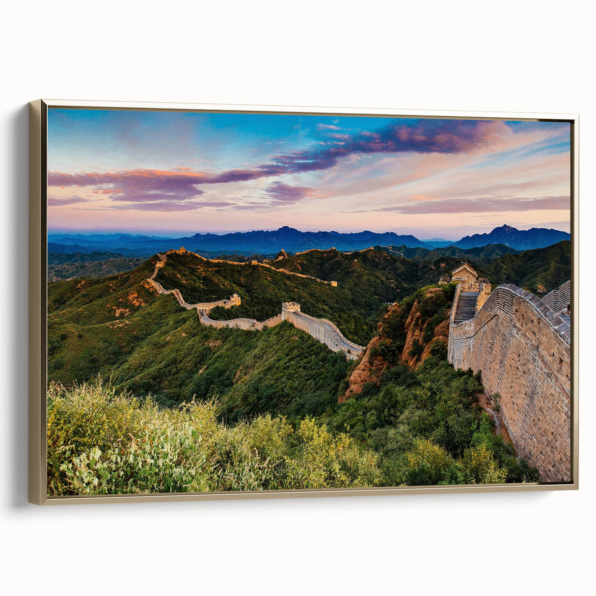 Framed canvas depicting the Great Wall of China in black and gold tones, suitable for bedroom wall art.