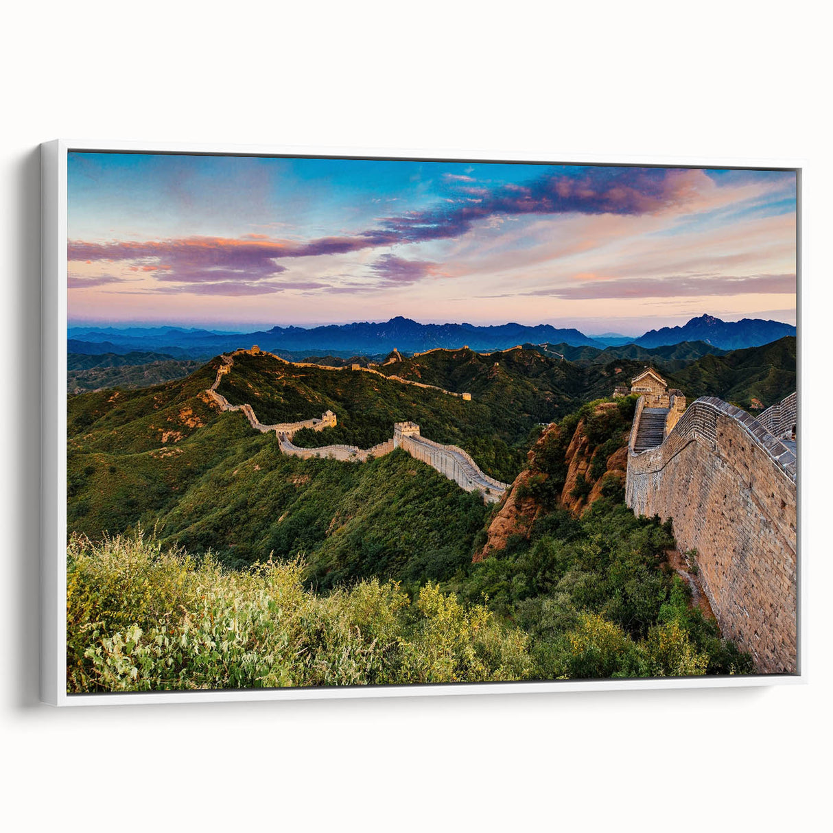Vintage poster art of the Great Wall of China in muted earth tones on a large framed canvas, ideal for living room decor.