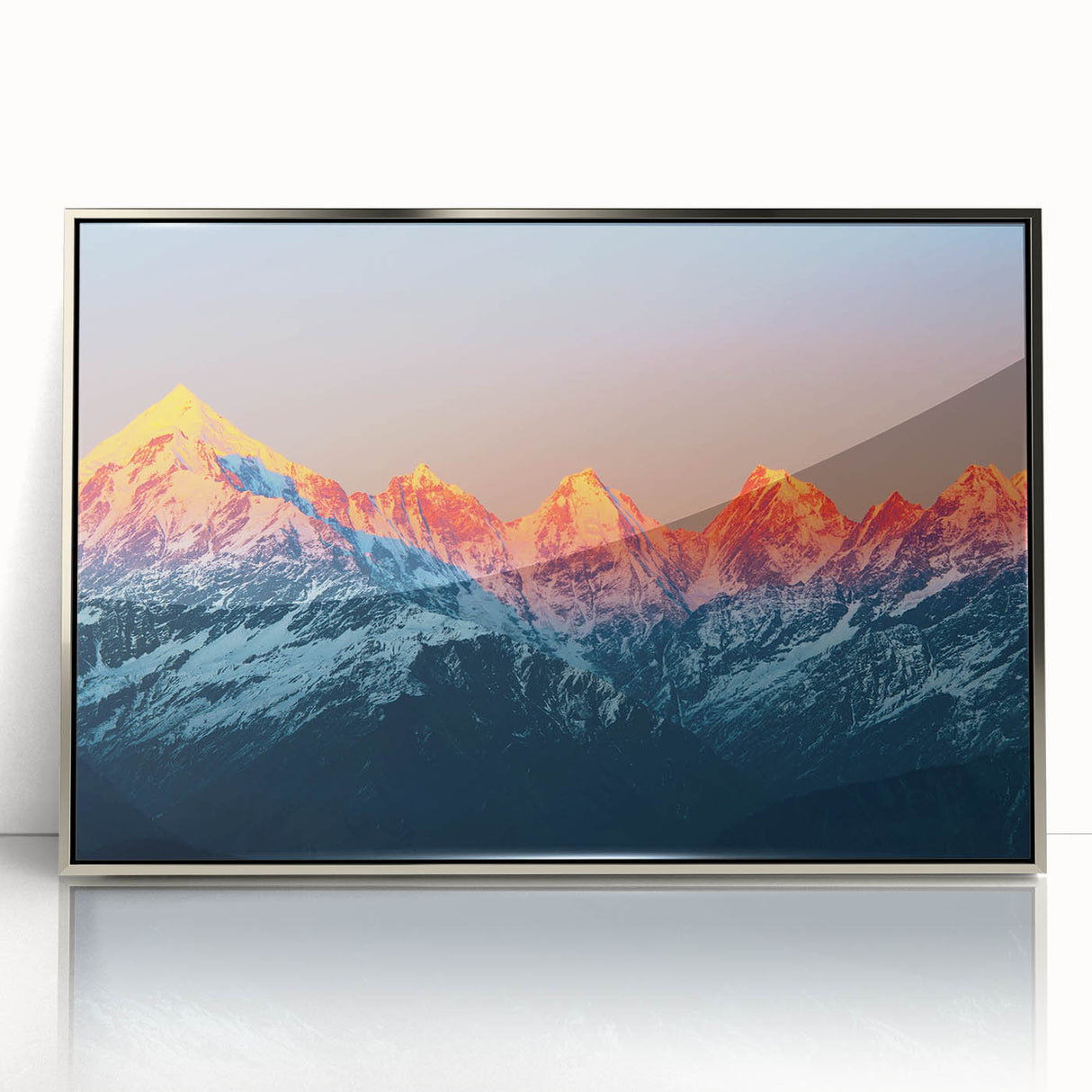 Mid-century modernist art depicting an Indian landscape in muted earth tones on a silver-framed acrylic print.