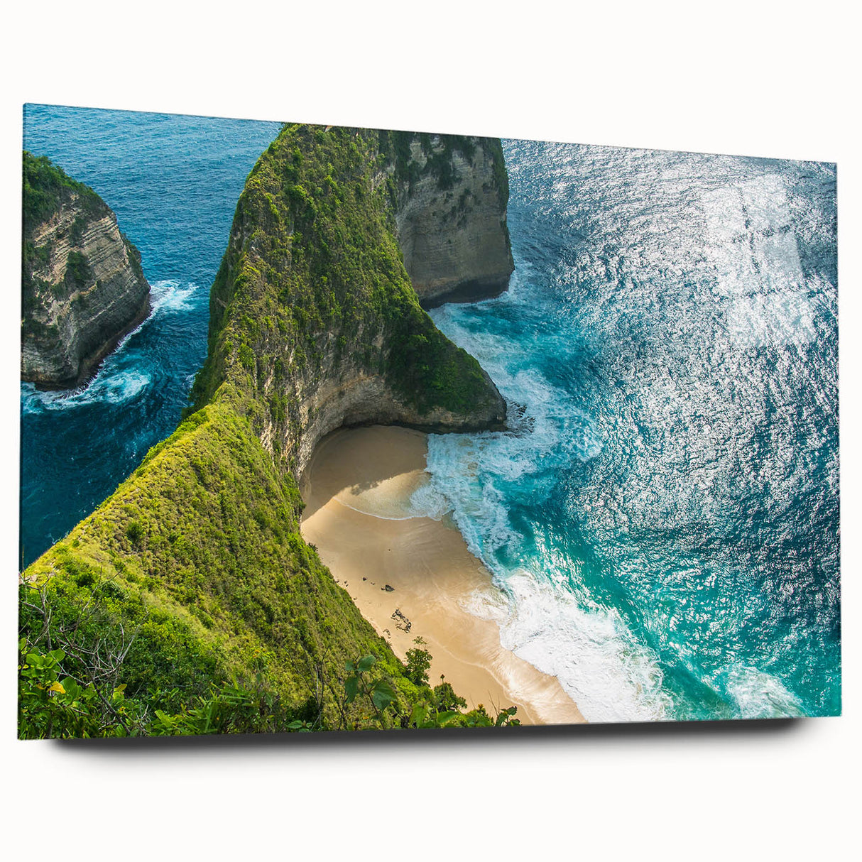 Large abstract wall art of a serene Indonesian landscape in muted earth tones on acrylic glass.