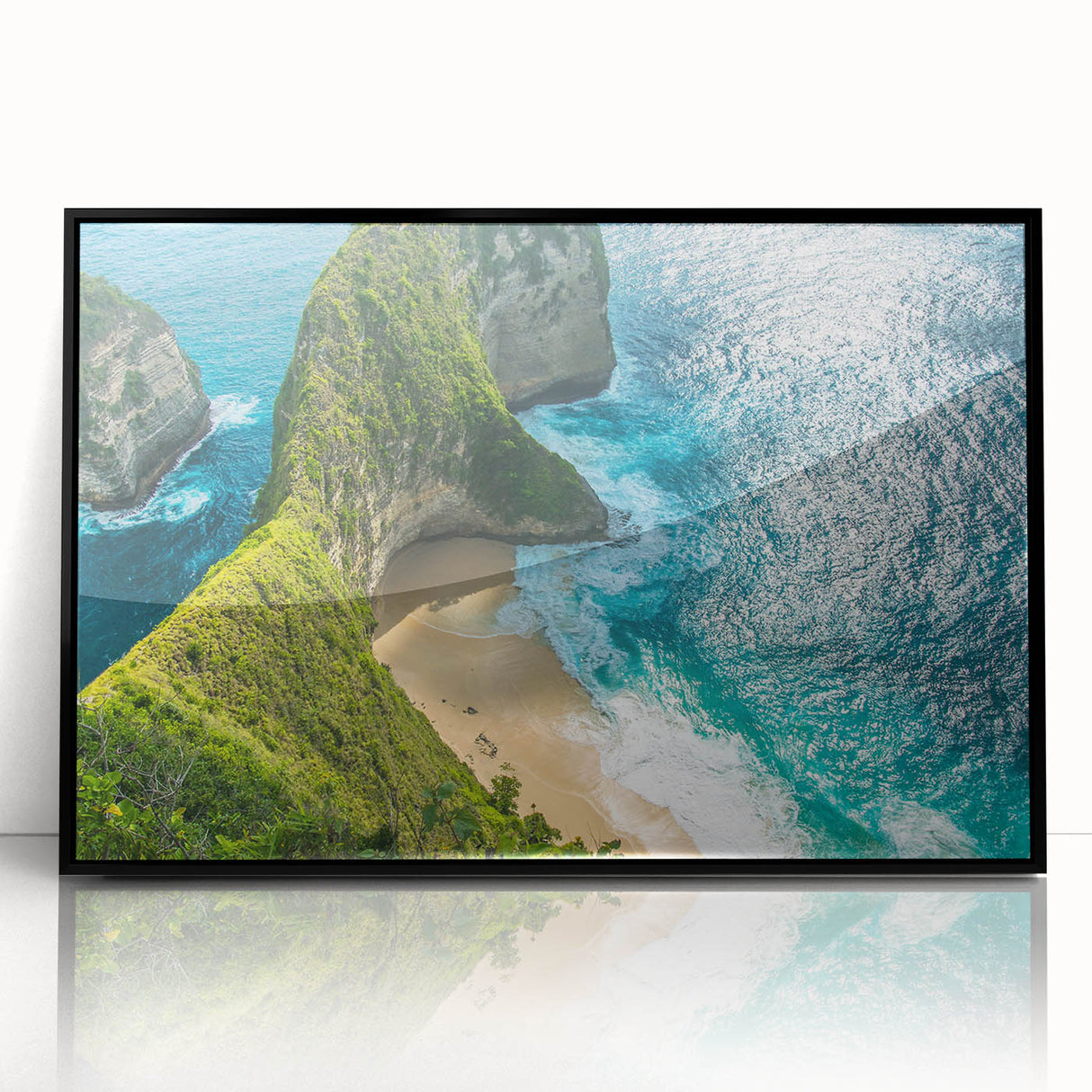 Large abstract wall art depicting an Indonesian landscape in muted earth tones on framed acrylic.