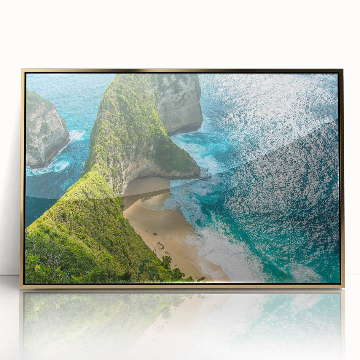 Large acrylic print of an Indonesian landscape in gold frame, featuring mid-century modernist style.