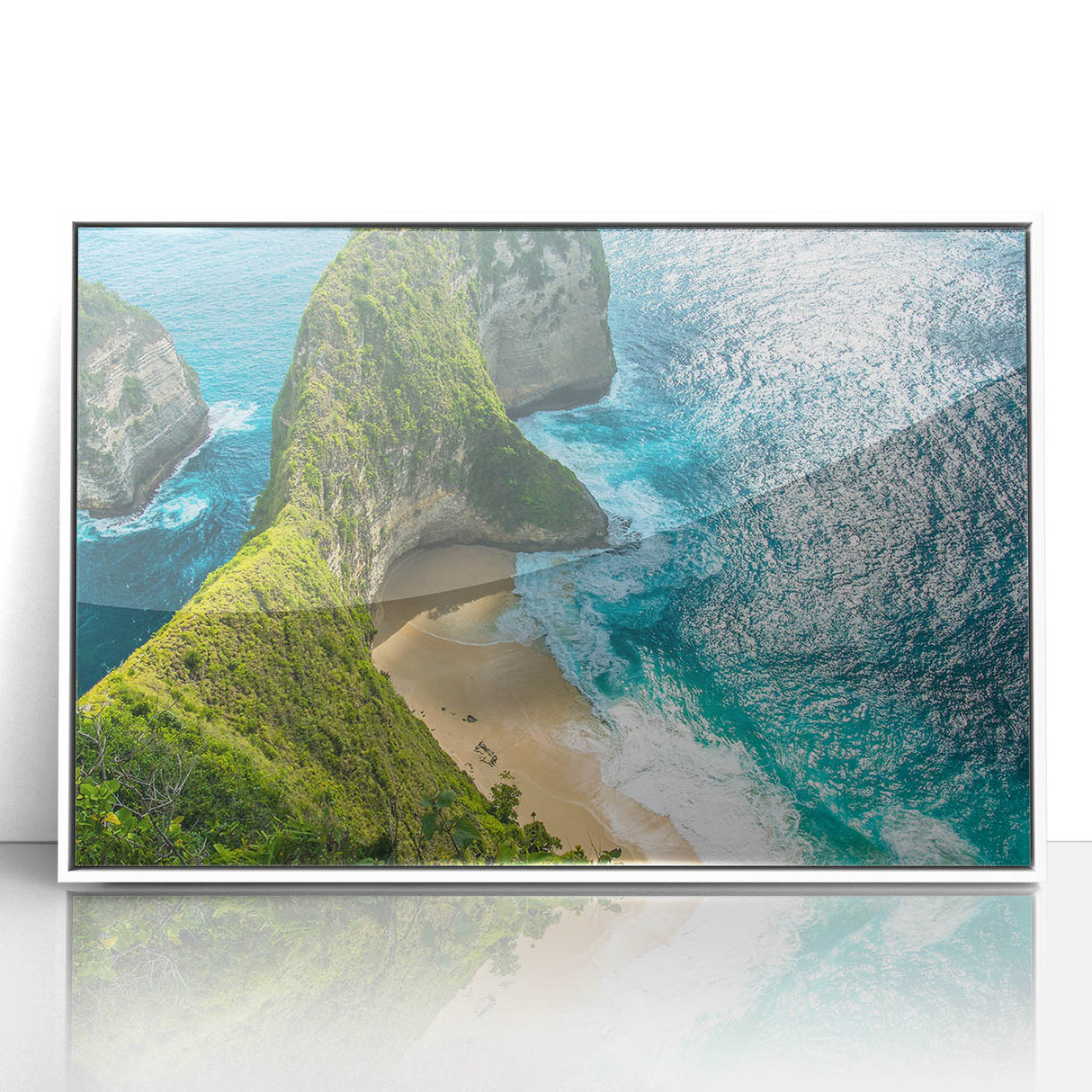 Acrylic print of a serene Indonesian landscape in muted green and blue tones, framed in white.