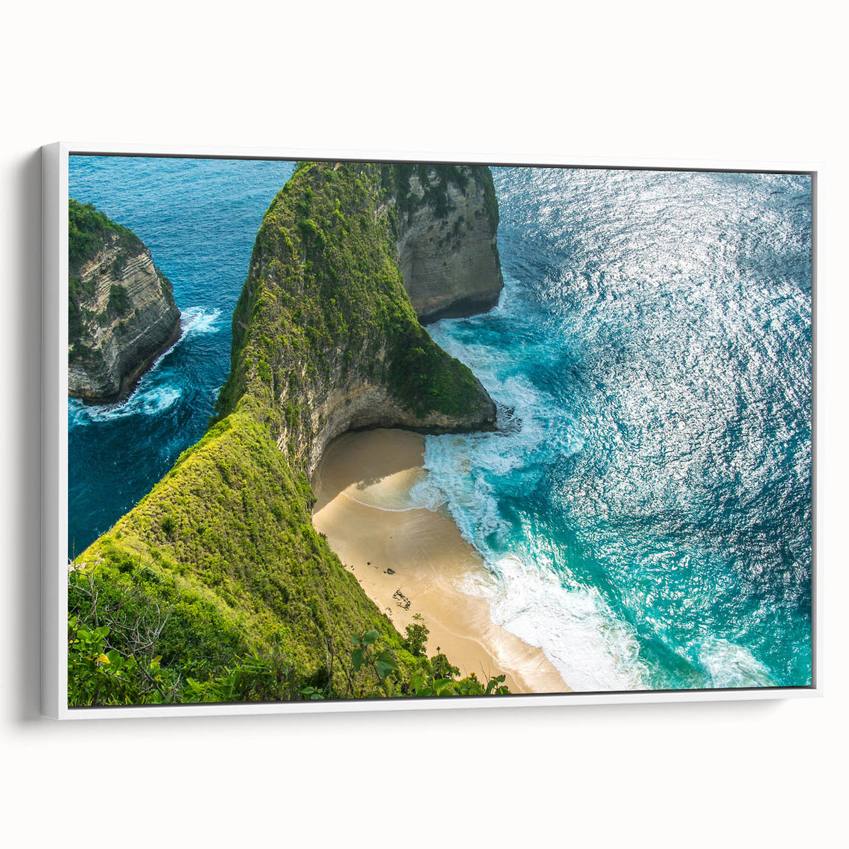 Vintage poster art of an Indonesian landscape on framed canvas, featuring vibrant colors and black accents.