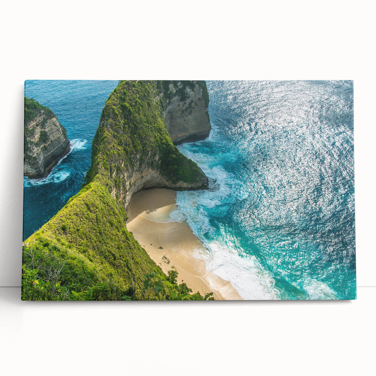 Monochrome Indonesian landscape on large stretched canvas, ideal for kitchen wall art or bedroom decor.