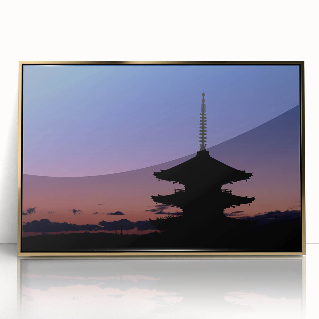 Acrylic print of a serene Kyoto scenery in soft pastel shades, framed in gold, suitable for modern nursery decor.