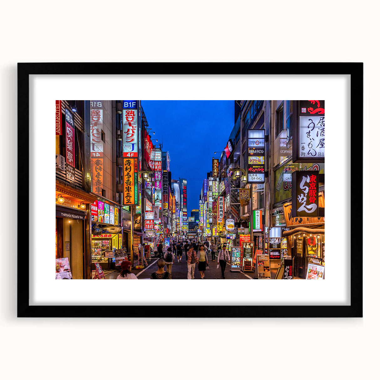 Extra large abstract art print of Tokyo scenery in vibrant colors on a textured canvas, framed in black.