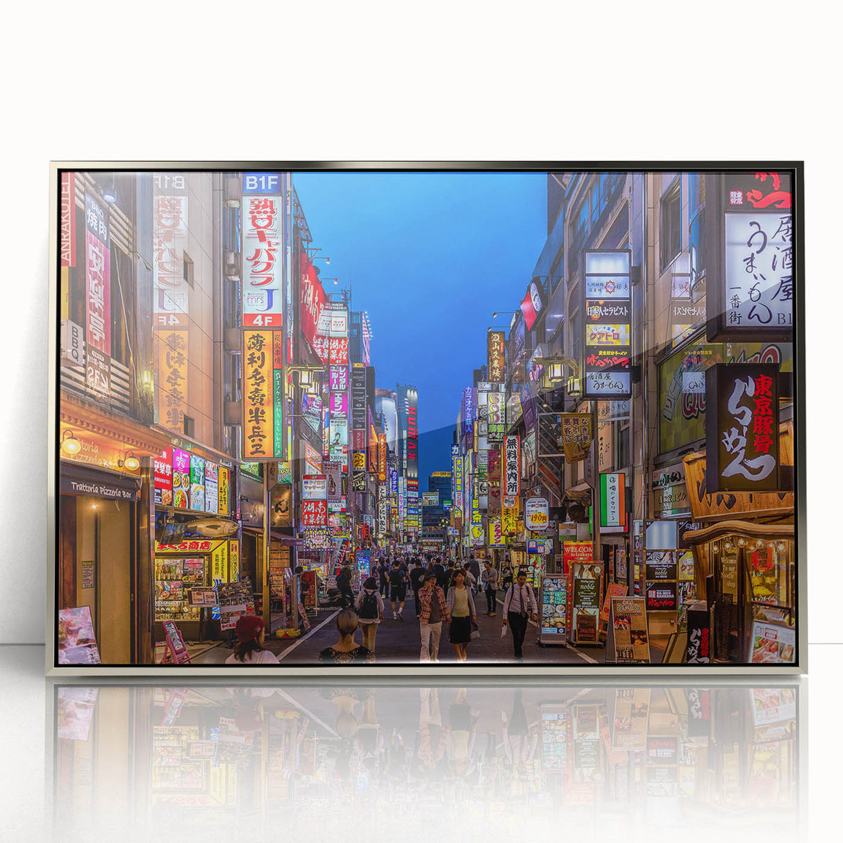 Mid-century modernist art depicting Tokyo skyline in muted silver and gray tones on framed acrylic.