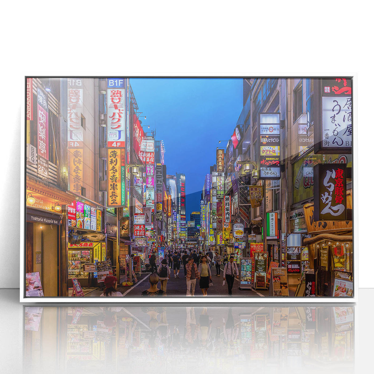 Acrylic print of Tokyo skyline in art deco style with muted gray and blue tones, ideal for modern nursery wall decor.