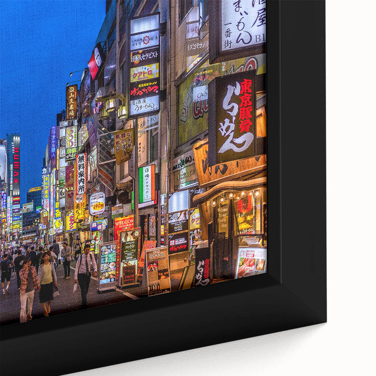 Extra large framed canvas featuring a textured depiction of Tokyo with vibrant colors on a black background.