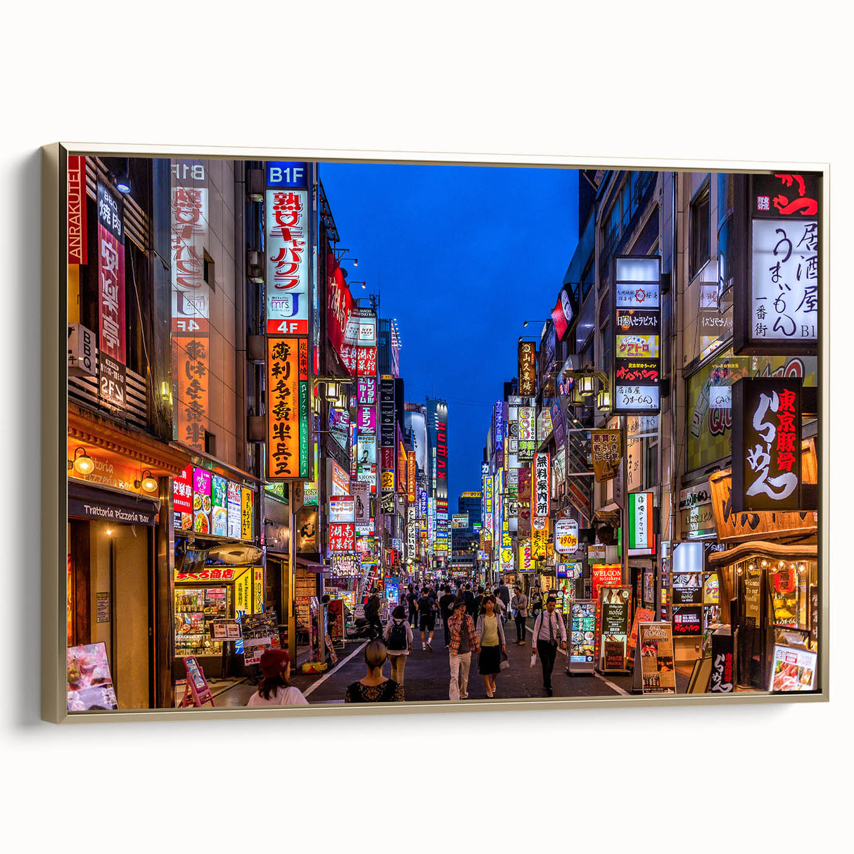 Framed canvas featuring a vintage-style Tokyo landscape in black and gold tones, ideal for bedroom wall art.