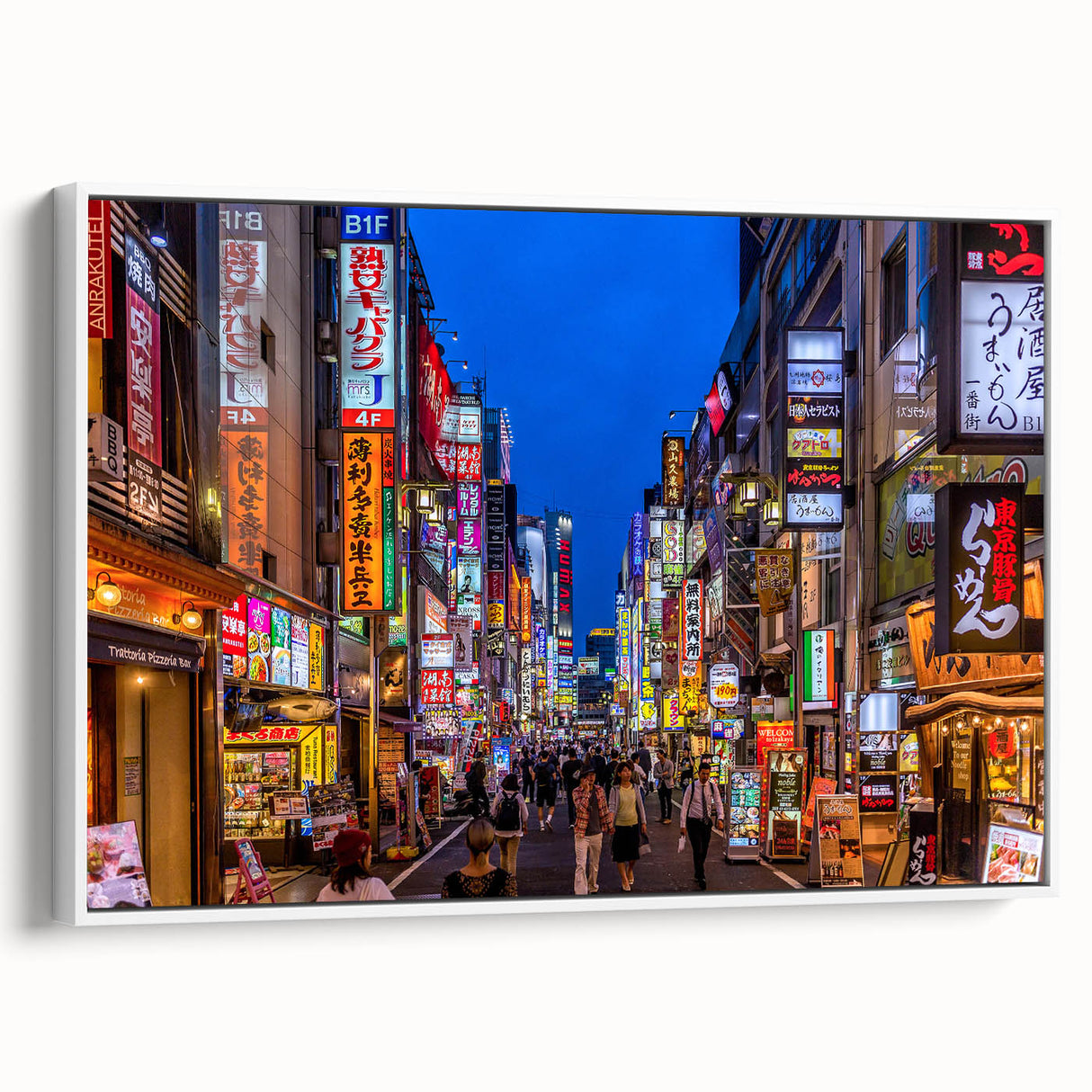 Vintage poster art of Tokyo skyline in colorful hues on a large framed canvas, ideal for living room decor.