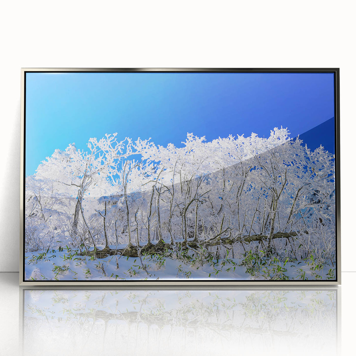 Mid-century modernist art depicting a serene Korean landscape in muted earth tones on a framed acrylic print.