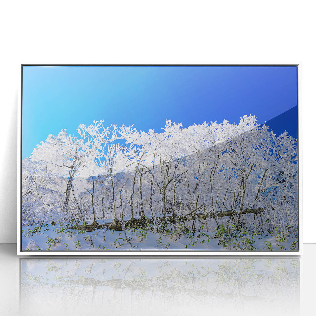 Art Deco poster of a serene Korean landscape in muted green and blue tones, acrylic print in white frame.