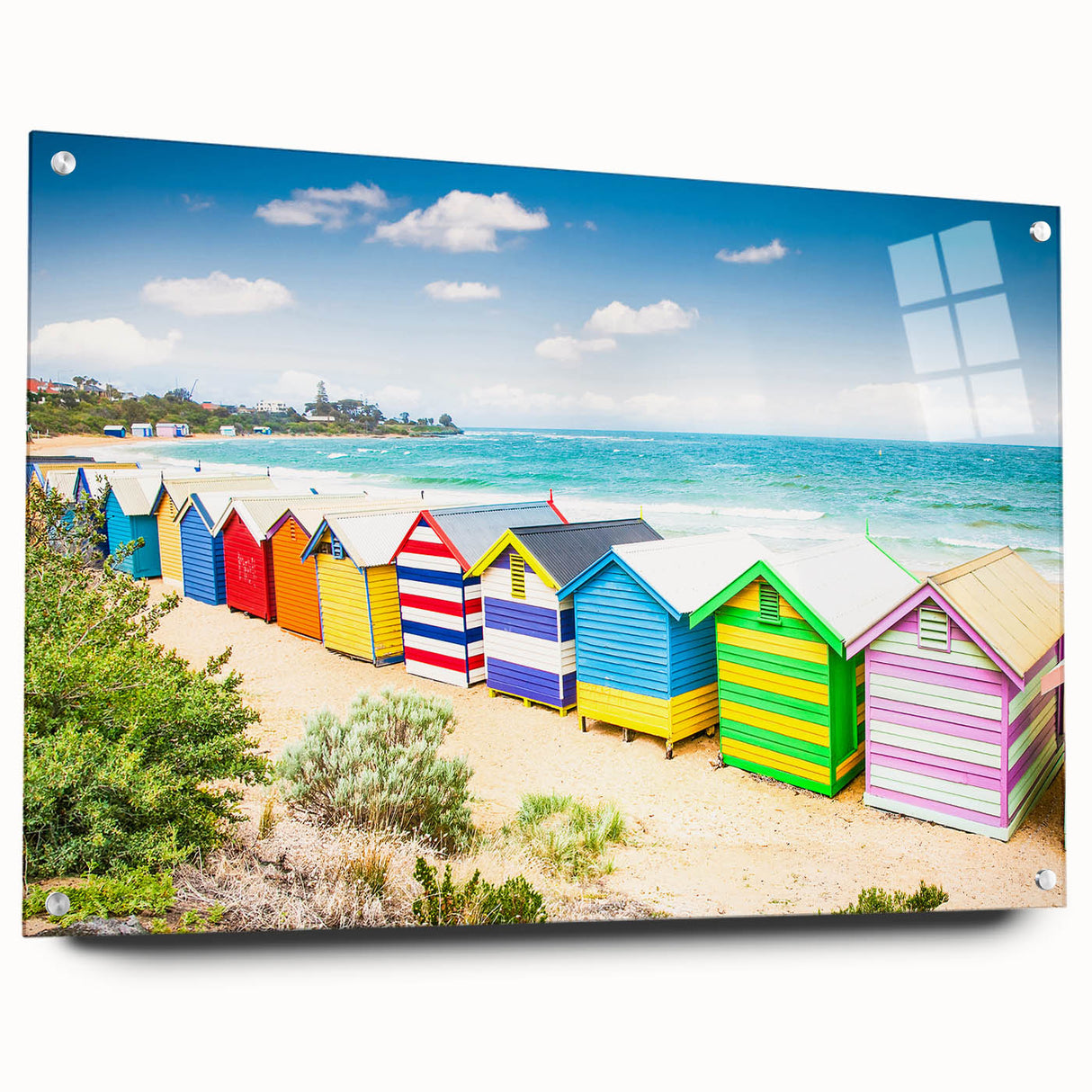 Acrylic print of a large abstract depiction of Melbourne's skyline in muted blue and gray tones, ideal for dining room art.