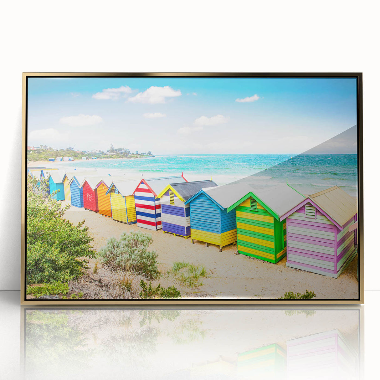 Mid-century modernist art of Melbourne skyline in gold and blue tones on framed acrylic, suitable for modern art wall decor.