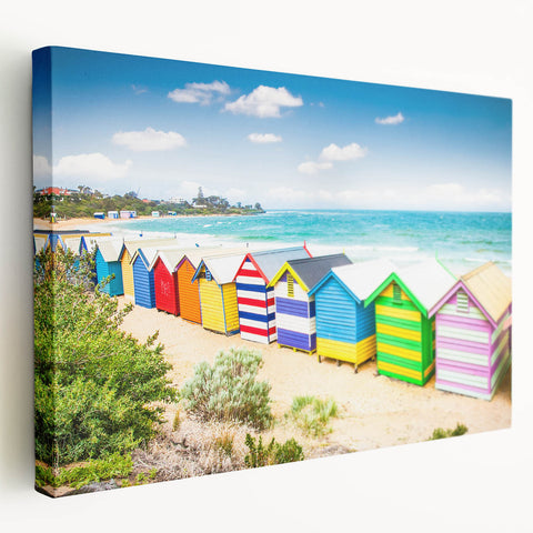 Side view of a stretched canvas featuring a realistic Melbourne skyline in muted earth tones, suitable for kitchen wall art.