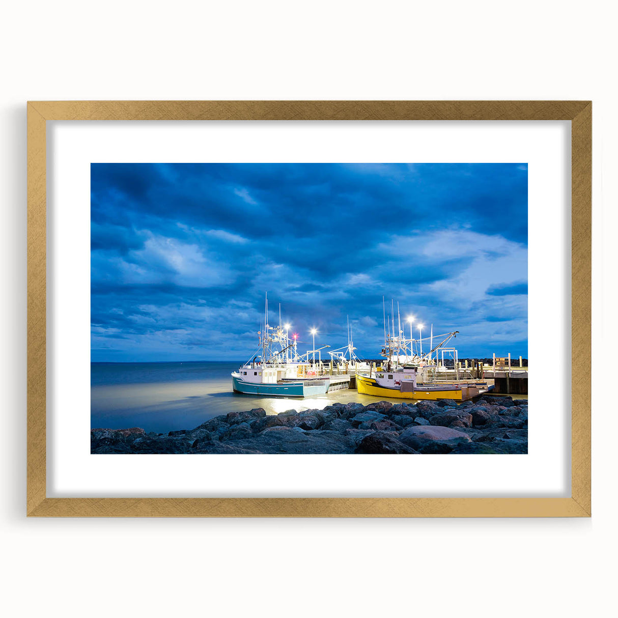 Extra large abstract art print of a textured Canadian landscape in muted earth tones, framed in gold.