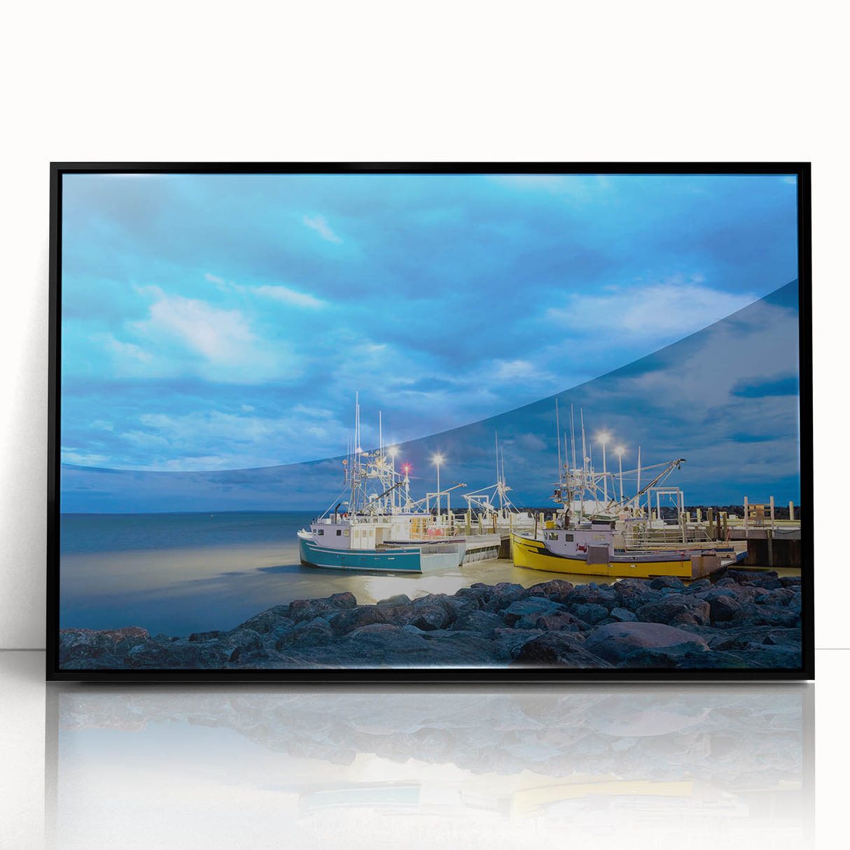 Large abstract wall art depicting a serene New Brunswick landscape in muted earth tones, framed in black acrylic.