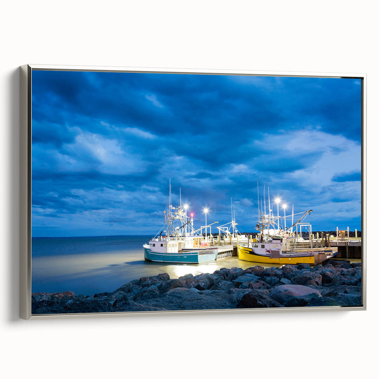 Landscape art painting of New Brunswick scenery on a framed canvas, featuring muted earth tones and a vintage poster style.