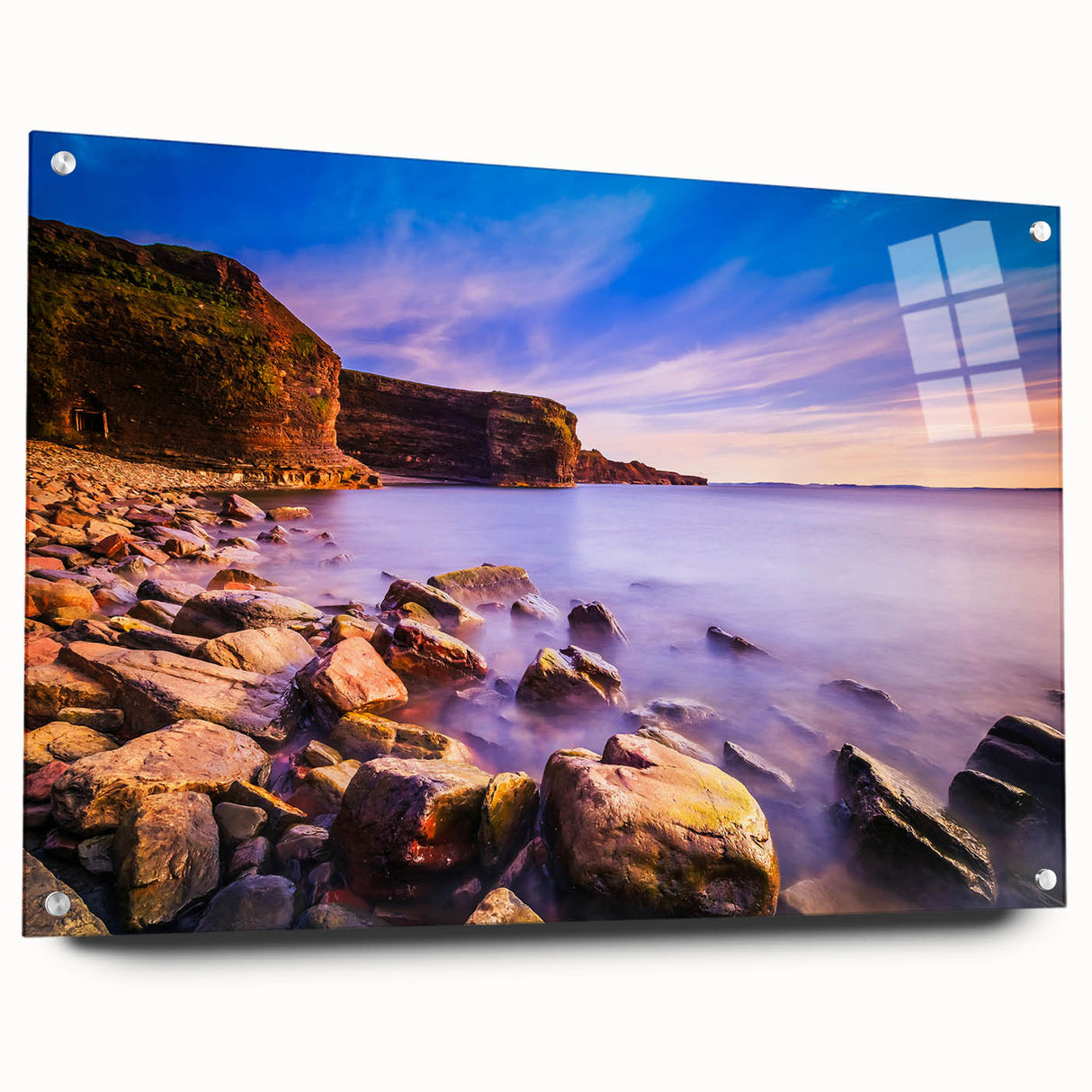 Large abstract wall art of Newfoundland scenery in muted blue and green tones on acrylic glass.