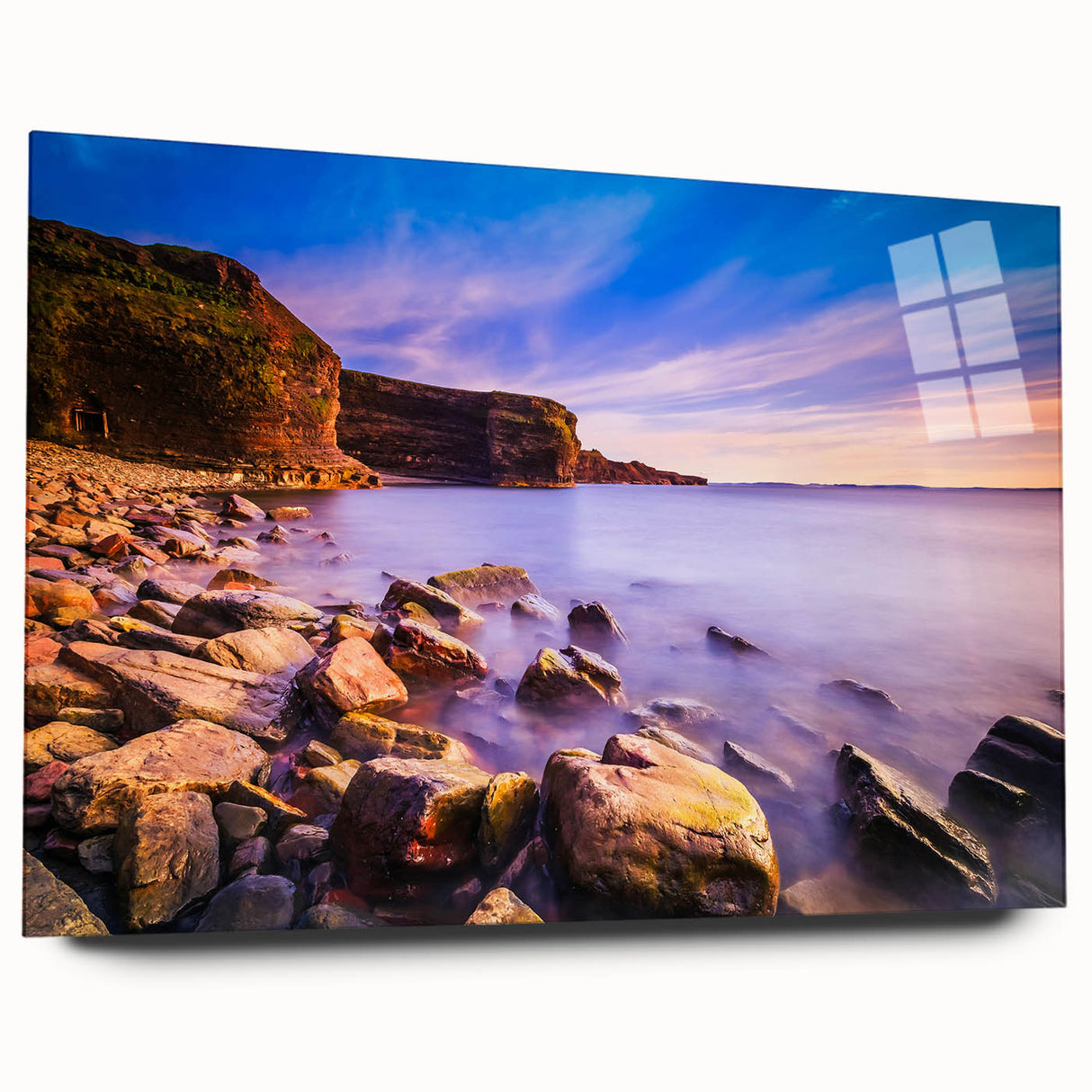 Large abstract wall art featuring a Newfoundland scenery in muted earth tones on acrylic glass.