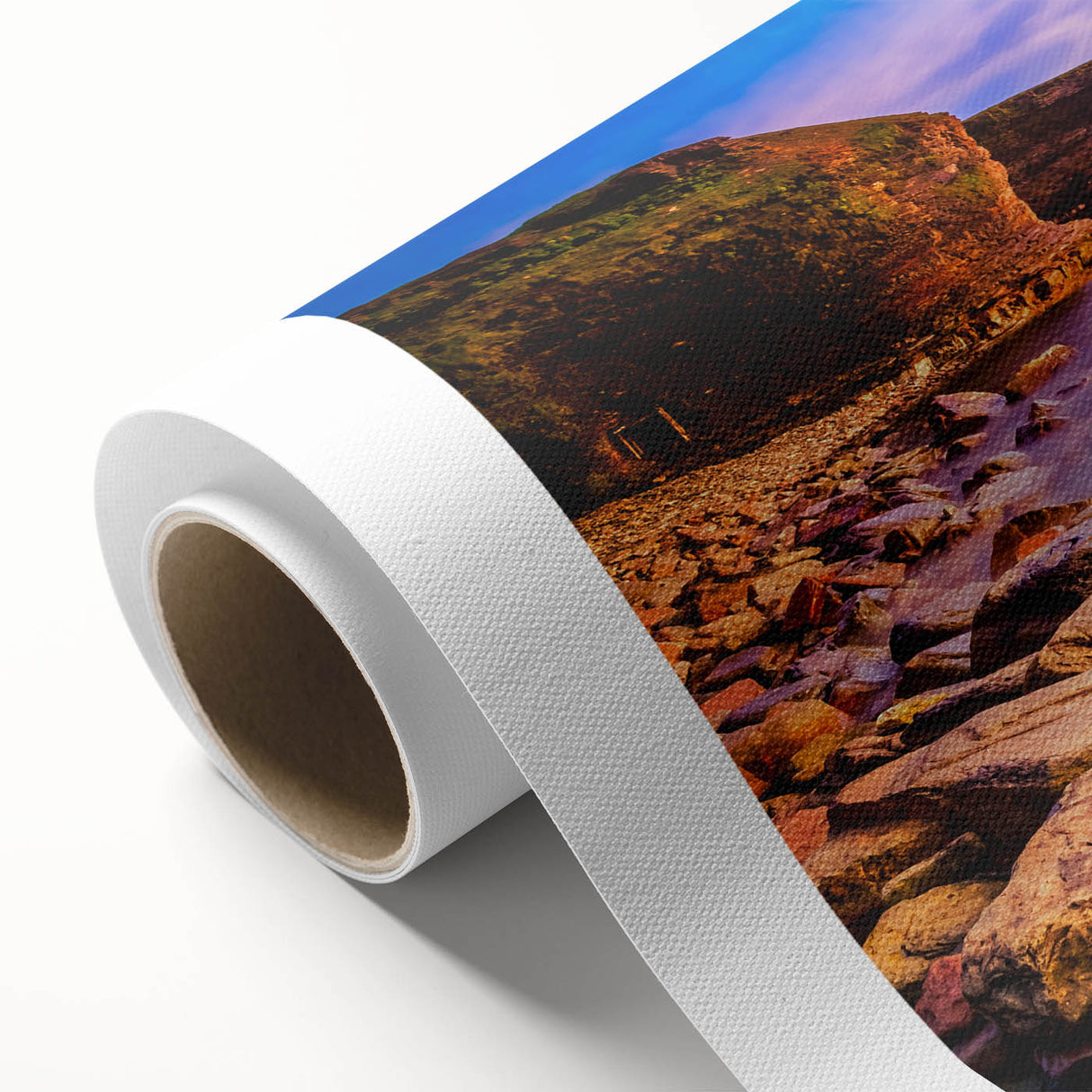 Art Deco style poster of Newfoundland scenery on rolled canvas, featuring cool blue and green tones.