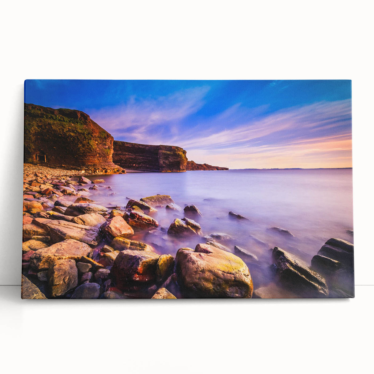 Black and white stretched canvas of a Newfoundland scenic coastline, ideal for kitchen wall art or bedroom ambiance.