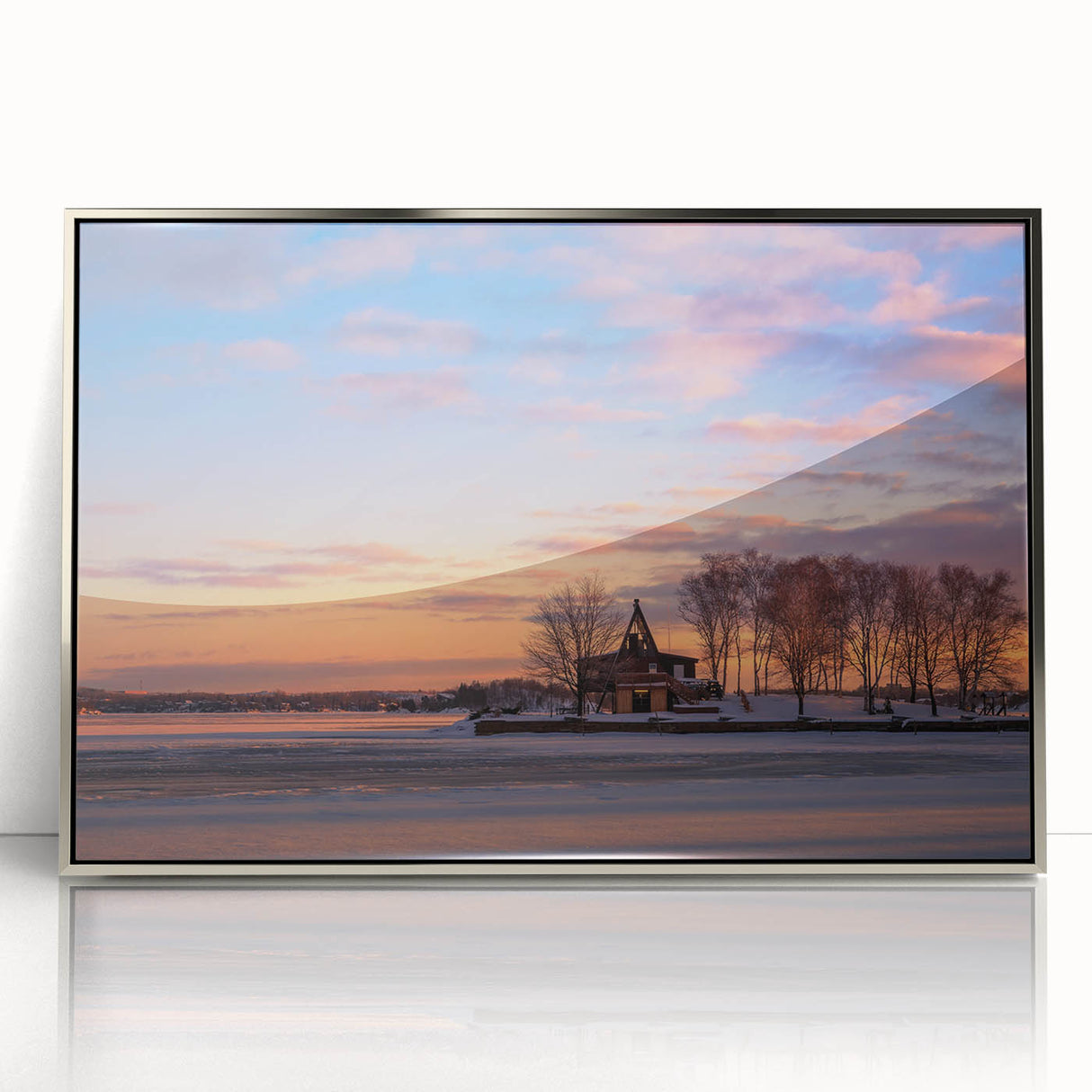 Mid-century modernist art depicting Ontario scenery, in muted earth tones on a framed acrylic print.