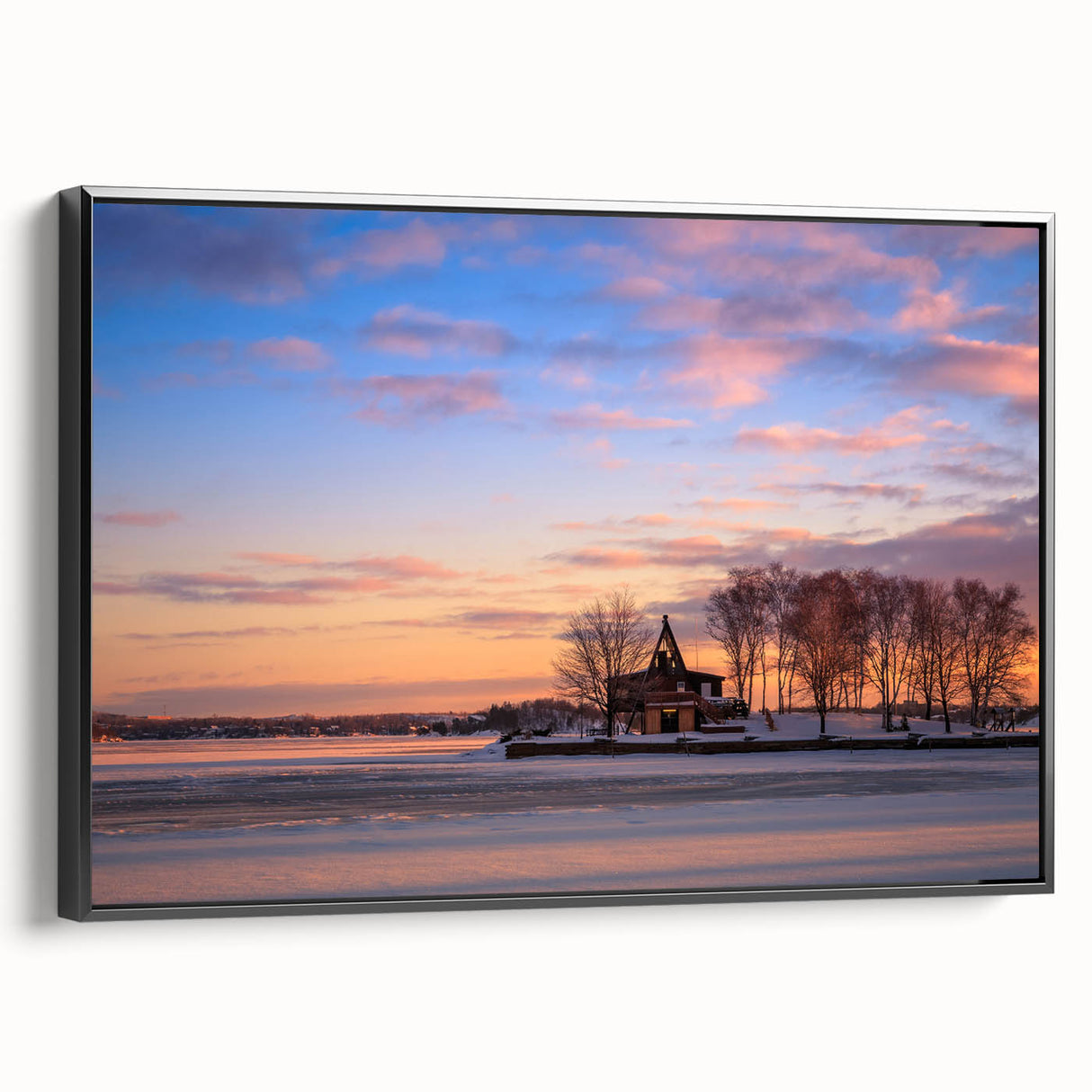 Black and white framed canvas of Ontario landscape, ideal for bedroom wall decor.