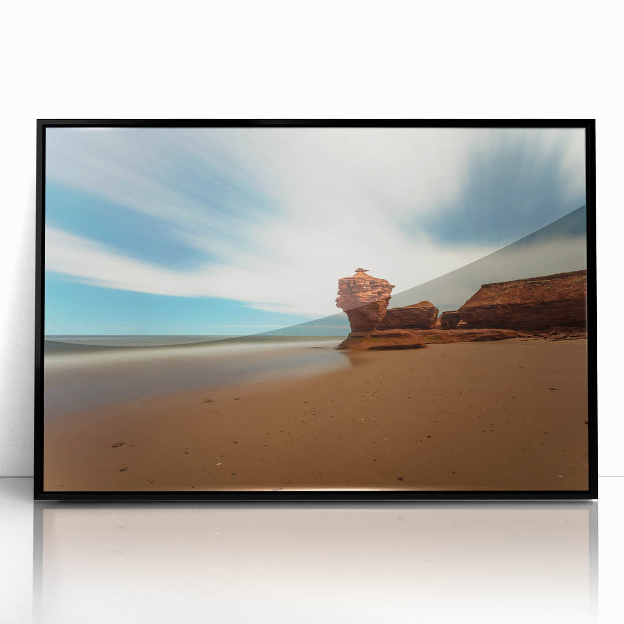 Large abstract wall art depicting a serene Prince Edward Island scenery, in muted earth tones on a framed acrylic.