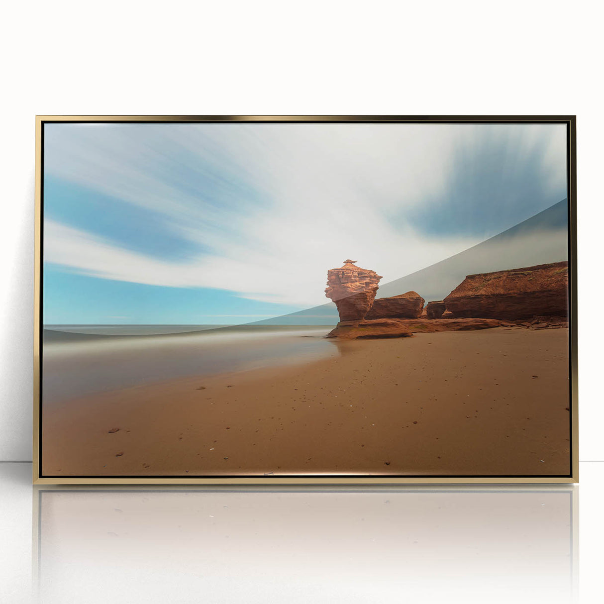 Framed acrylic print of Prince Edward Island with soft gold and blue tones, ideal for modern art wall decor.