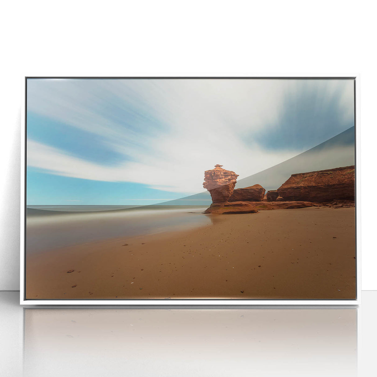 Acrylic print of Prince Edward Island scenery with soft blue and green tones, framed in white.