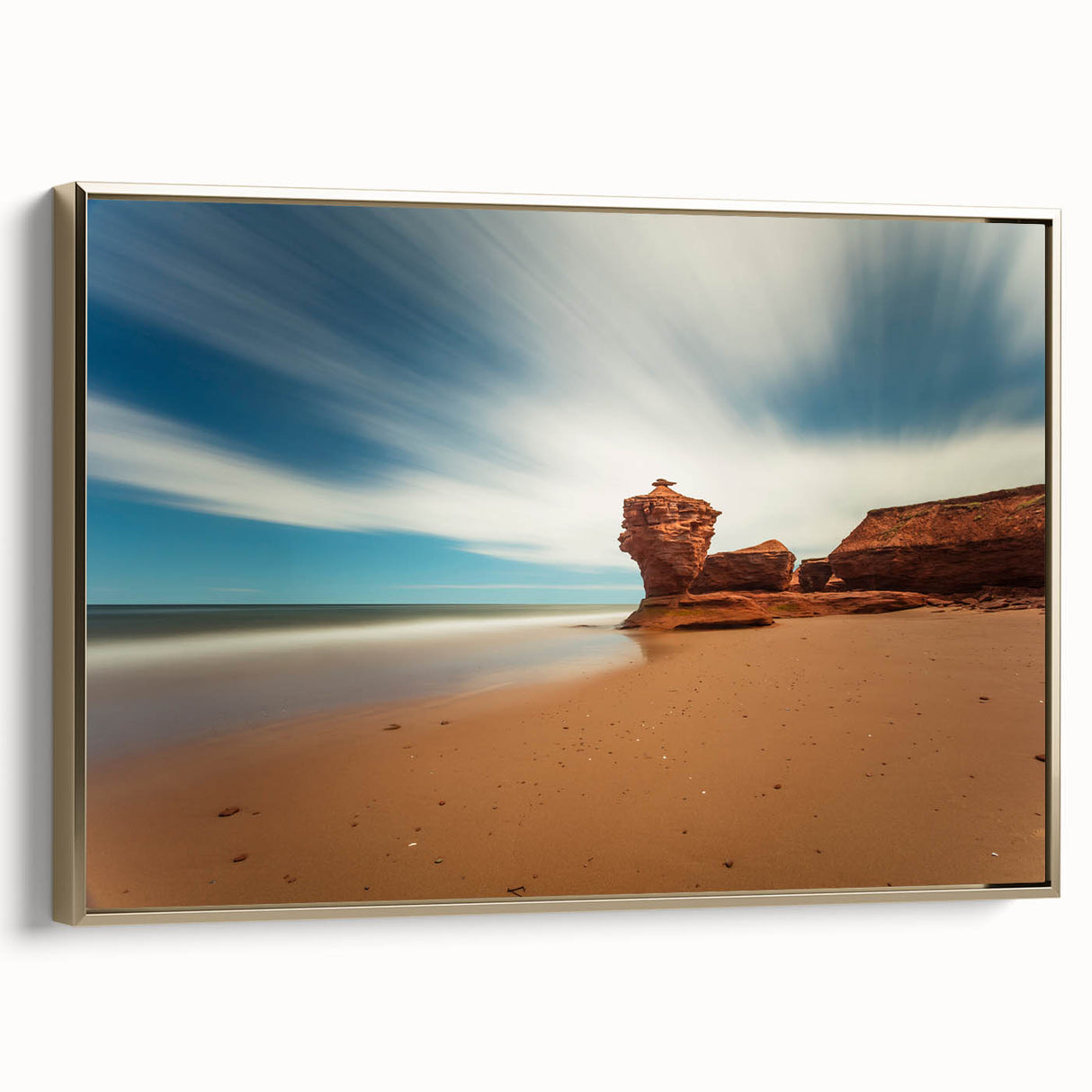 Framed canvas featuring a vintage-style landscape painting of Prince Edward Island in muted earth tones.