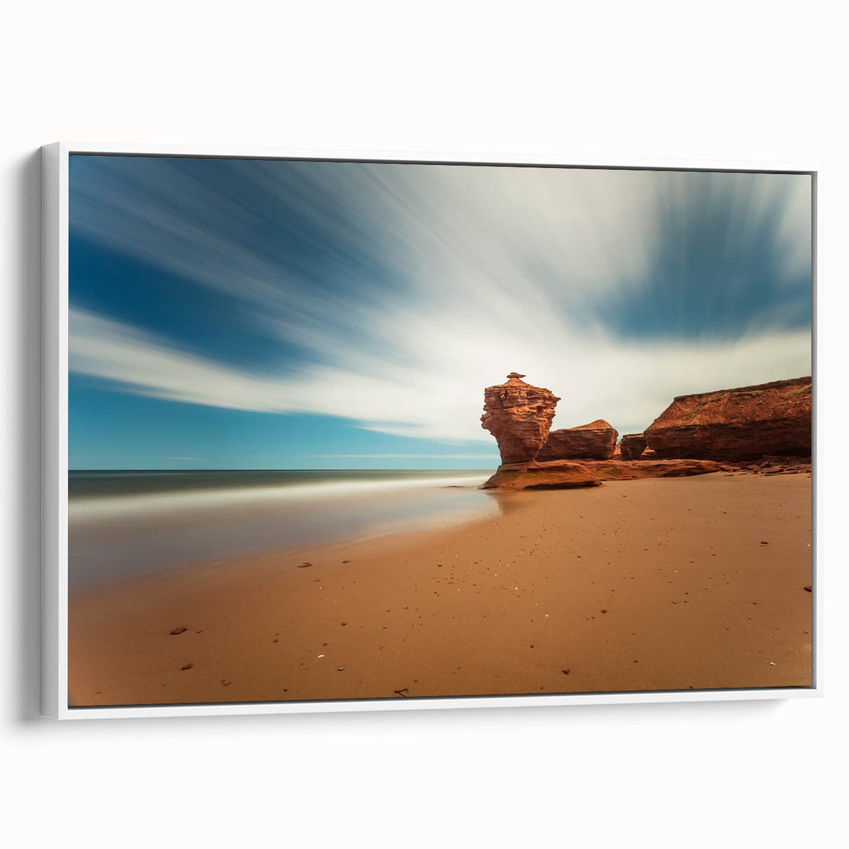 Framed canvas of a vintage poster art depicting Prince Edward Island scenery in colorful hues, ideal for living room decor.