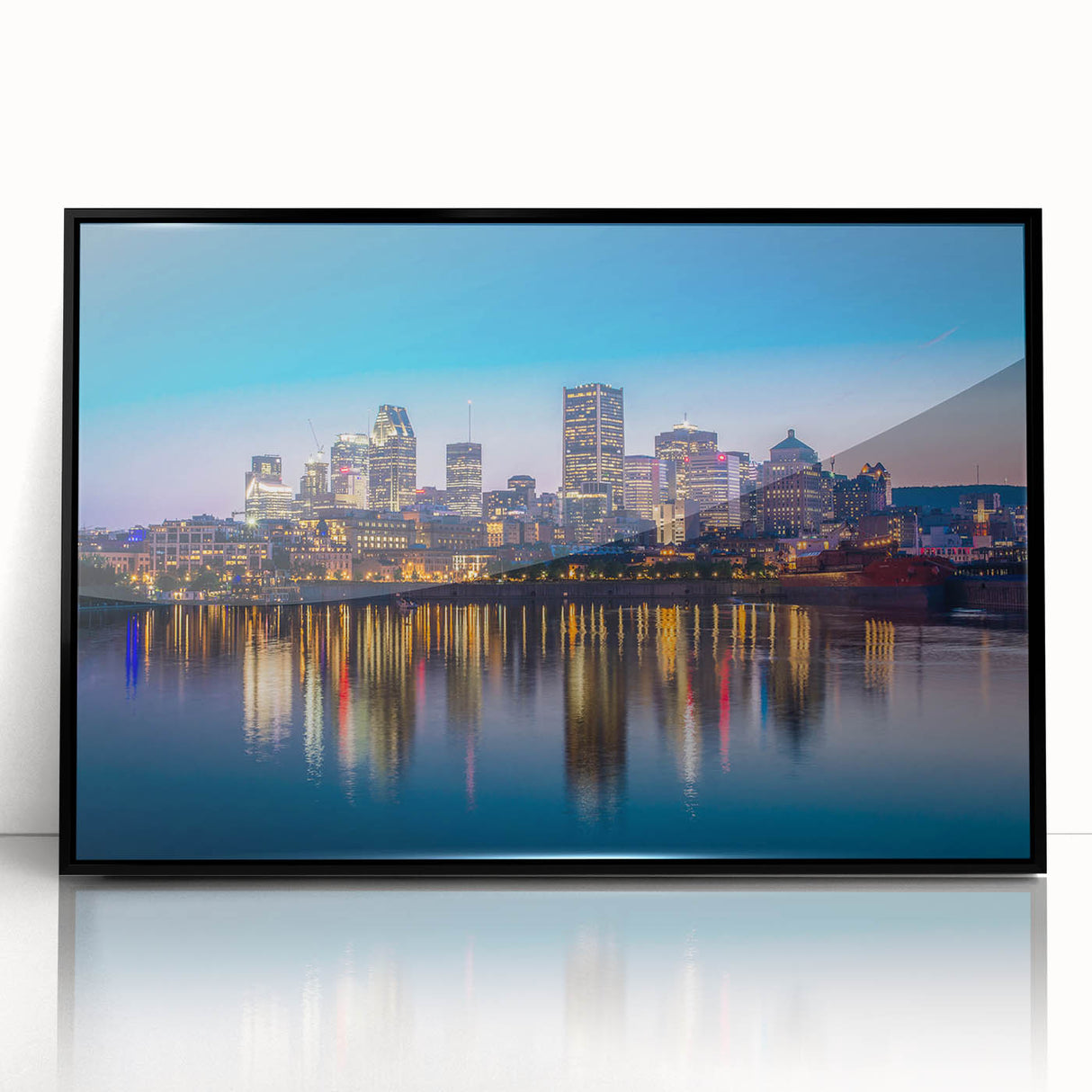 Large abstract wall art featuring a mid-century modernist depiction of Quebec scenery in muted colors.