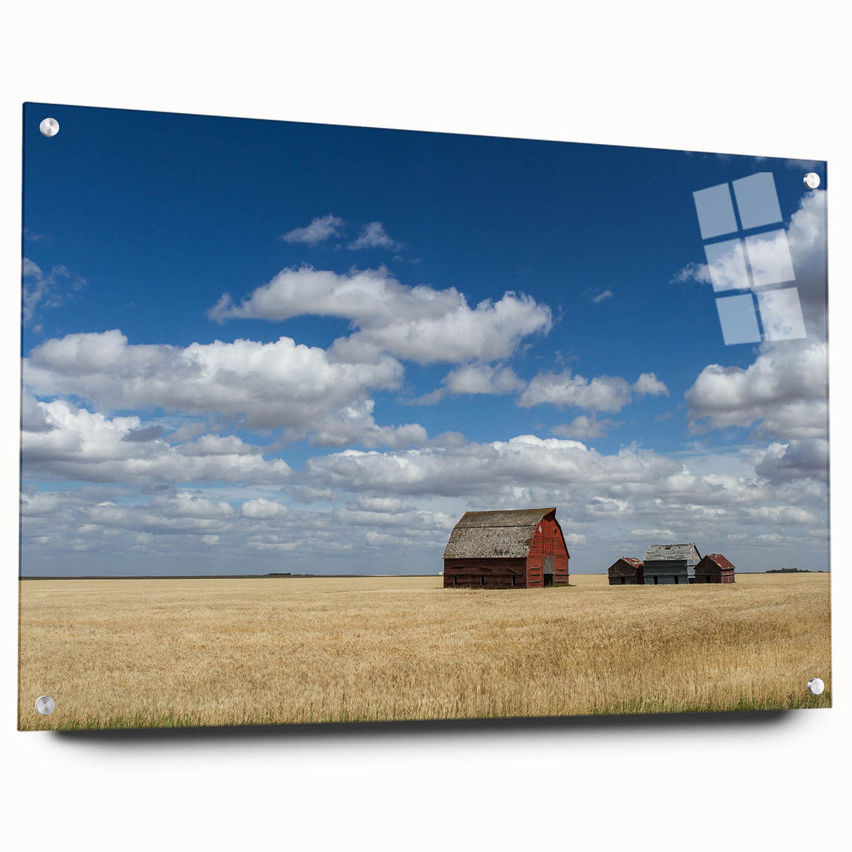 Large abstract wall art of Saskatchewan scenery on acrylic glass, in cool blue tones, ideal for bedroom or dining room decor.