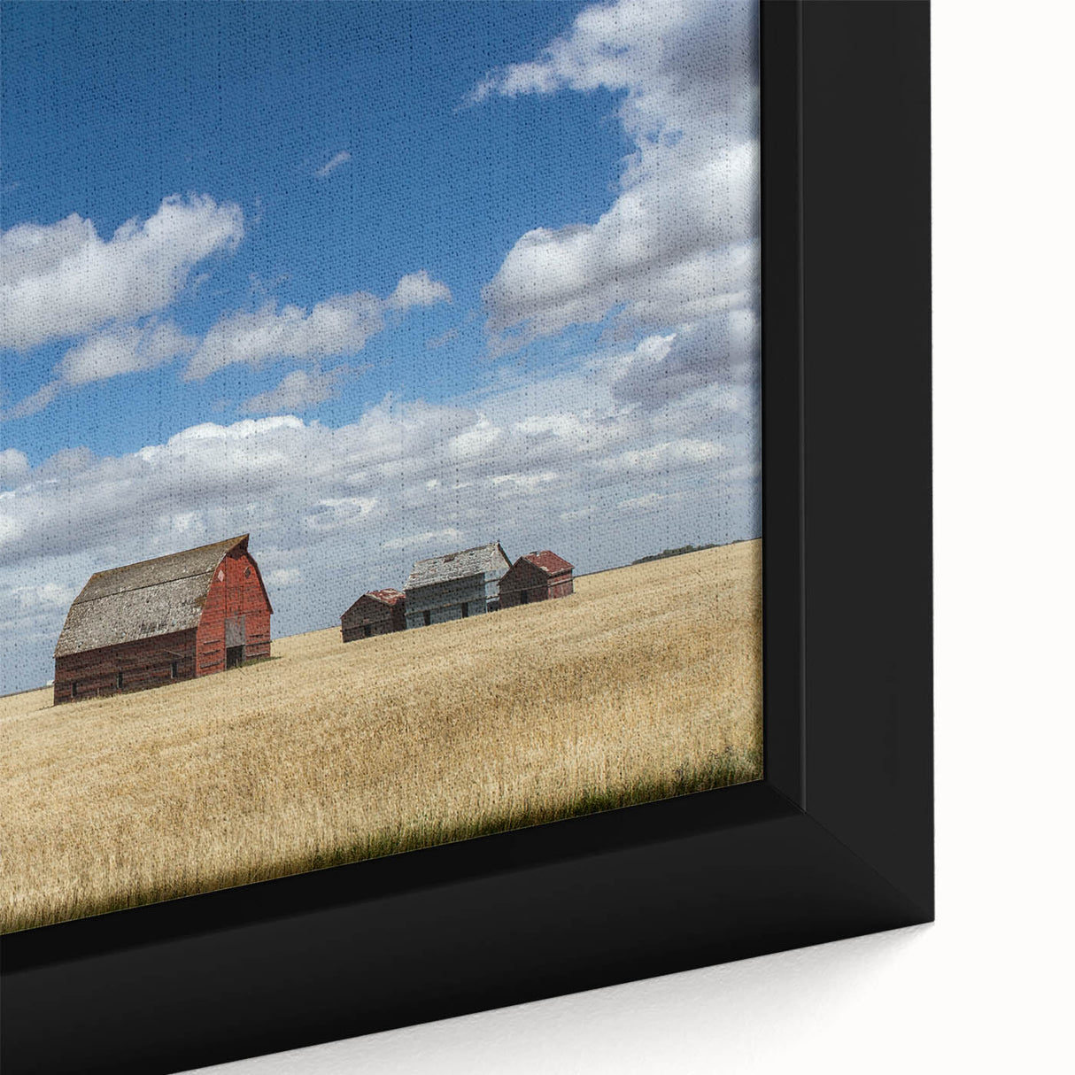 Close-up of black textured wall art featuring a colorful Saskatchewan scenery on a framed canvas.