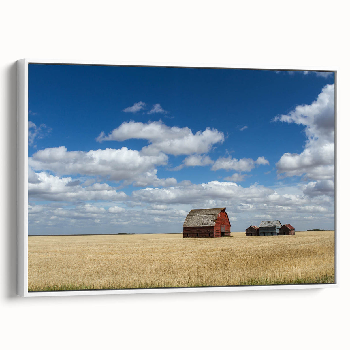 Vintage poster art of Saskatchewan scenery on framed canvas, featuring a blend of colorful art with a white border.