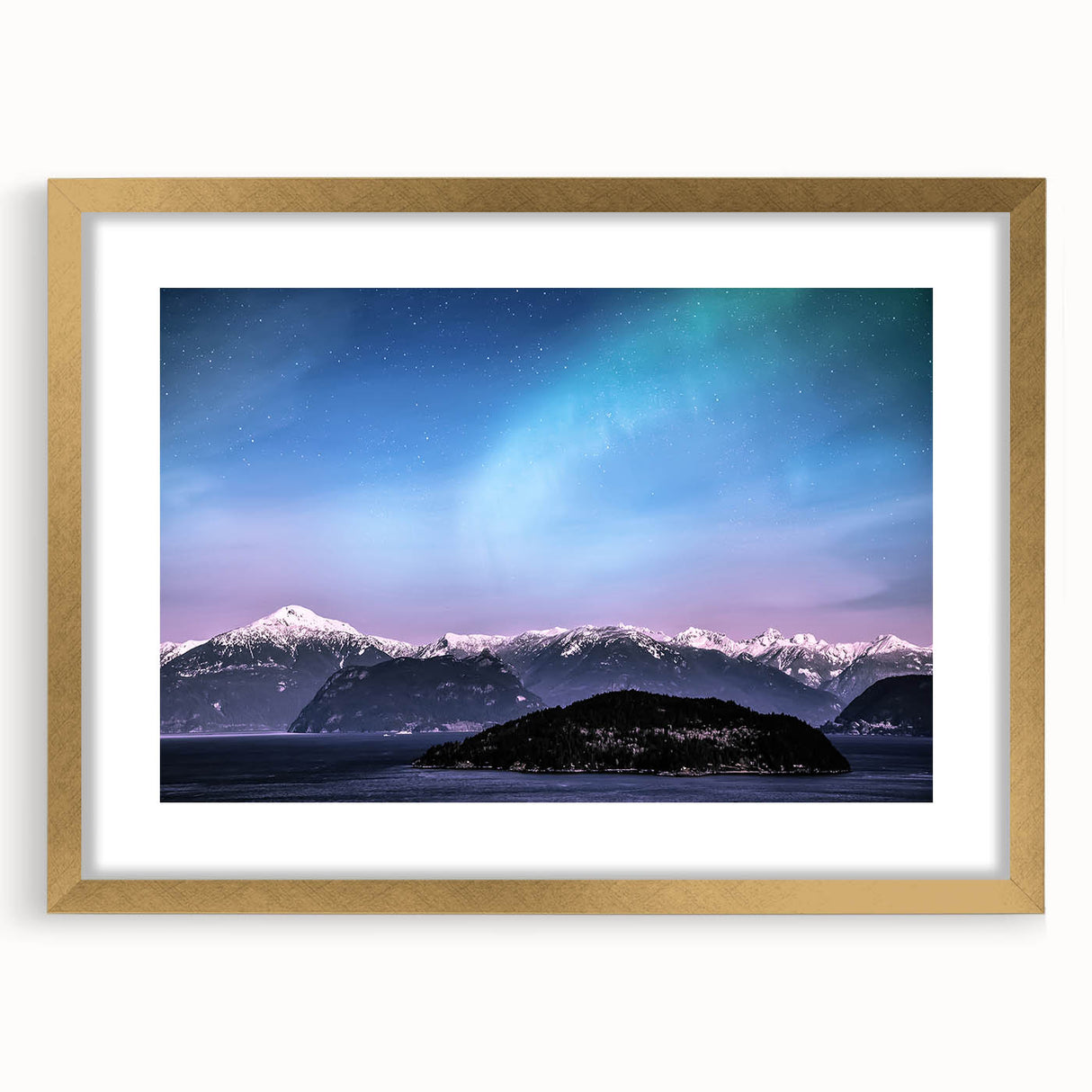 Extra large abstract art print of Yukon scenery in textured style, using earth tones, framed in gold.