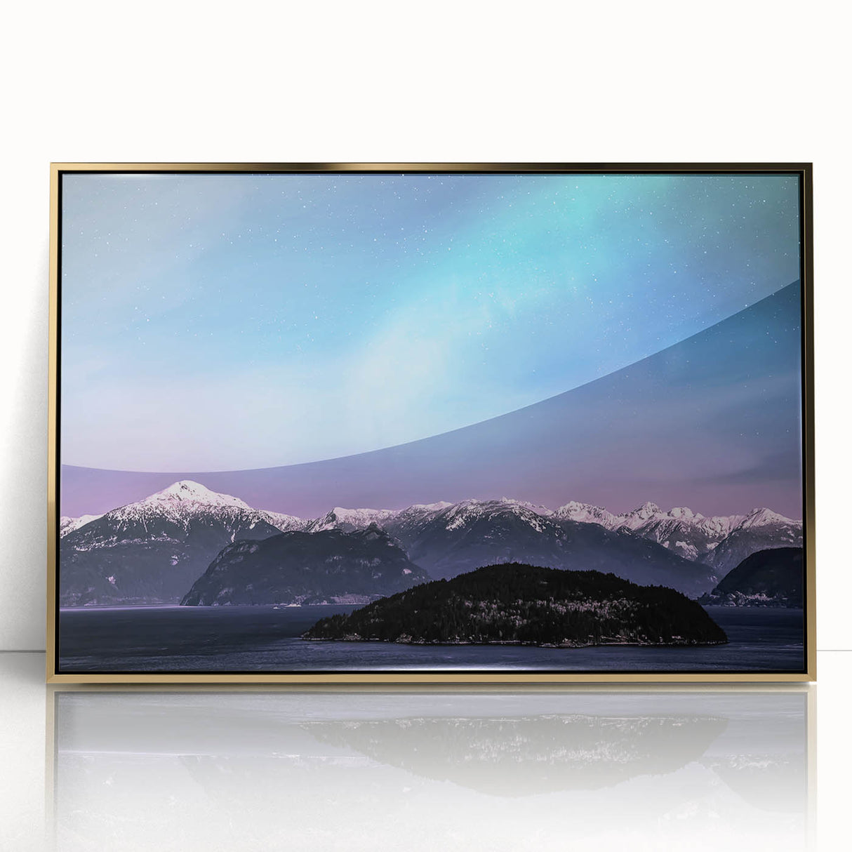 Mid-century modernist style large art print of Yukon scenery in vibrant gold and green tones, acrylic framed.