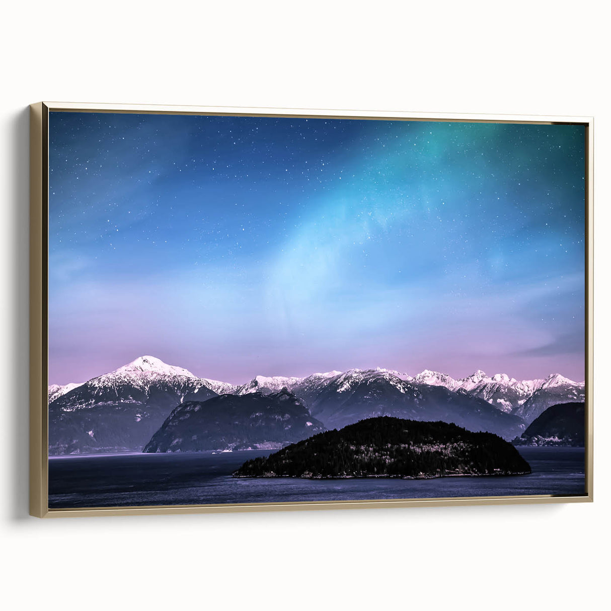 Framed canvas of a vintage-style Yukon landscape in muted gold and black tones, suitable for bedroom wall art.