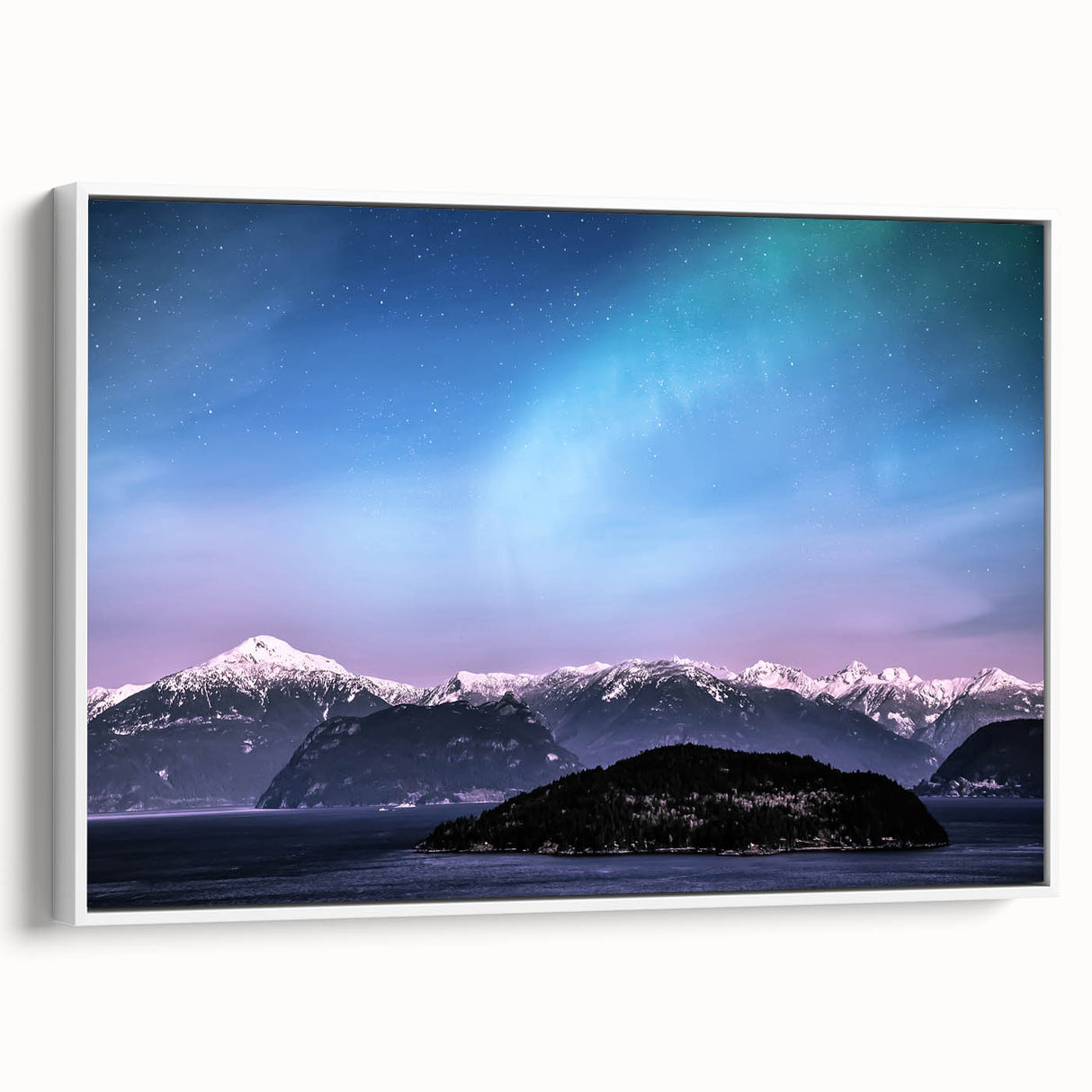 Vintage poster art of Yukon scenery in vibrant colors on a large framed canvas, ideal for living room decor.